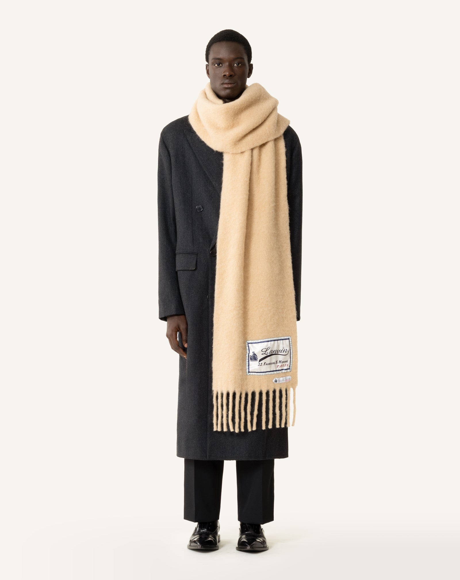 WHITE FRINGED WOOL SCARF WITH 22 FAUBOURG LABEL