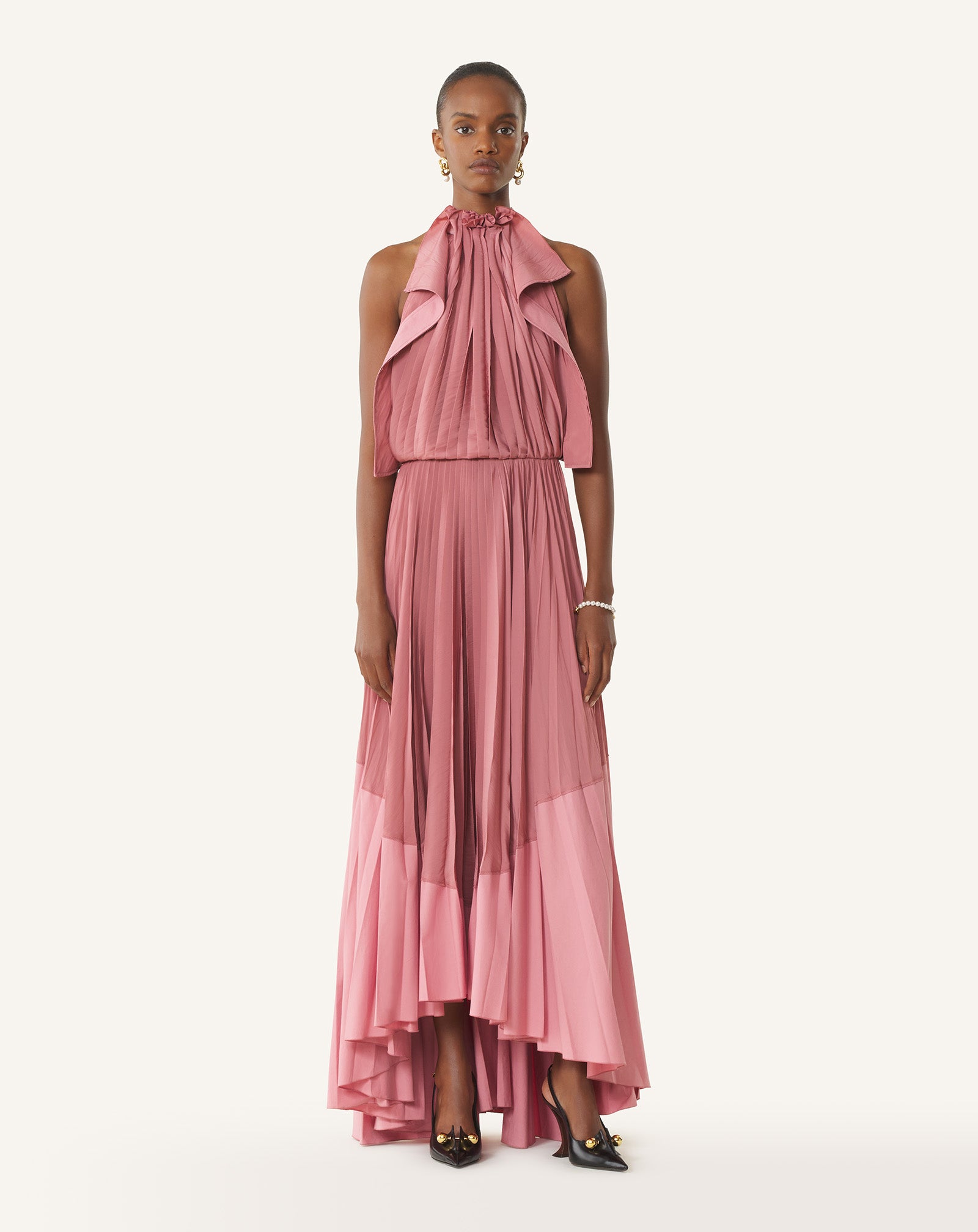 PLEATED DRESS IN CHARMEUSE AND COTTON