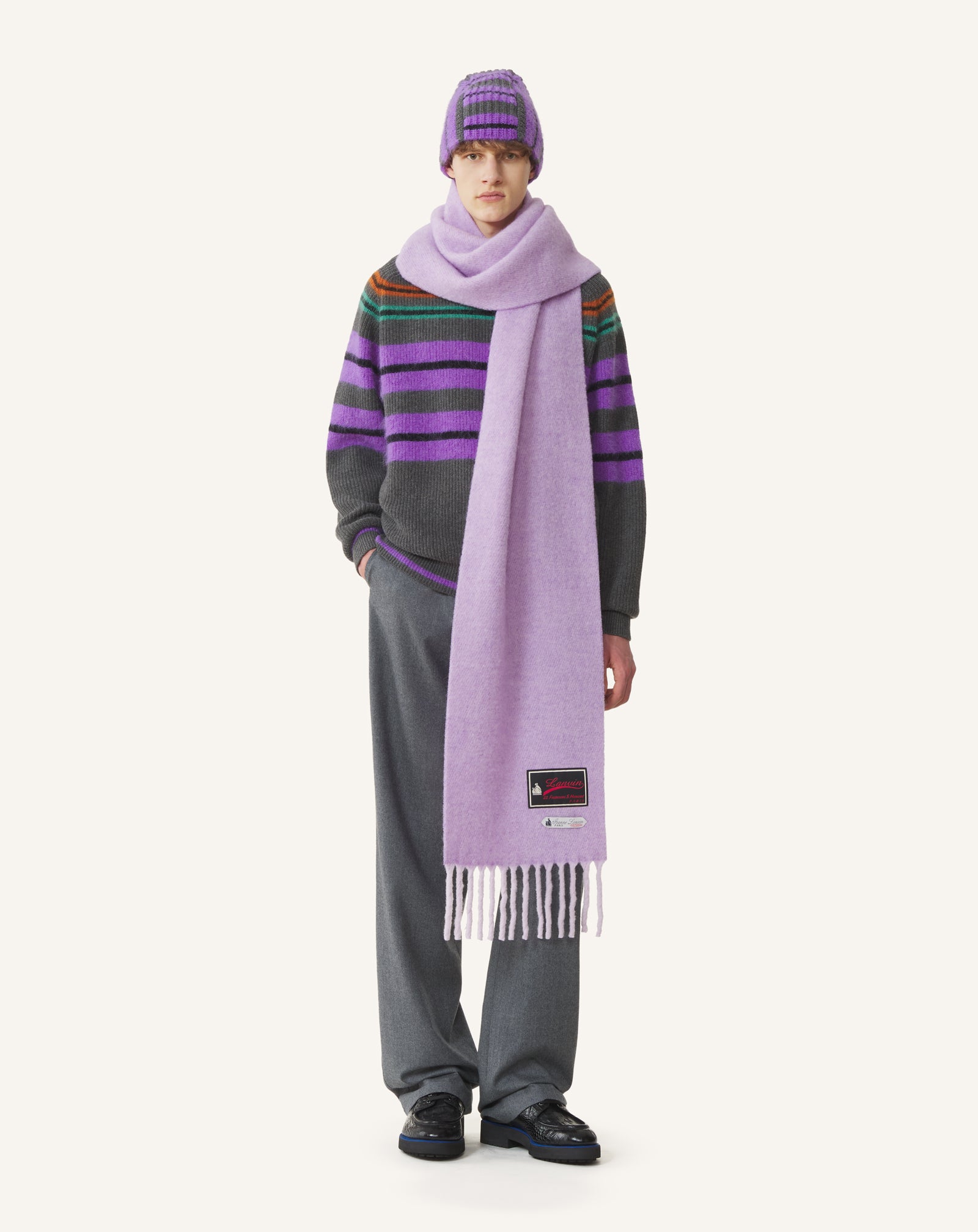PURPLE FRINGED WOOL SCARF WITH 22 FAUBOURG LABEL