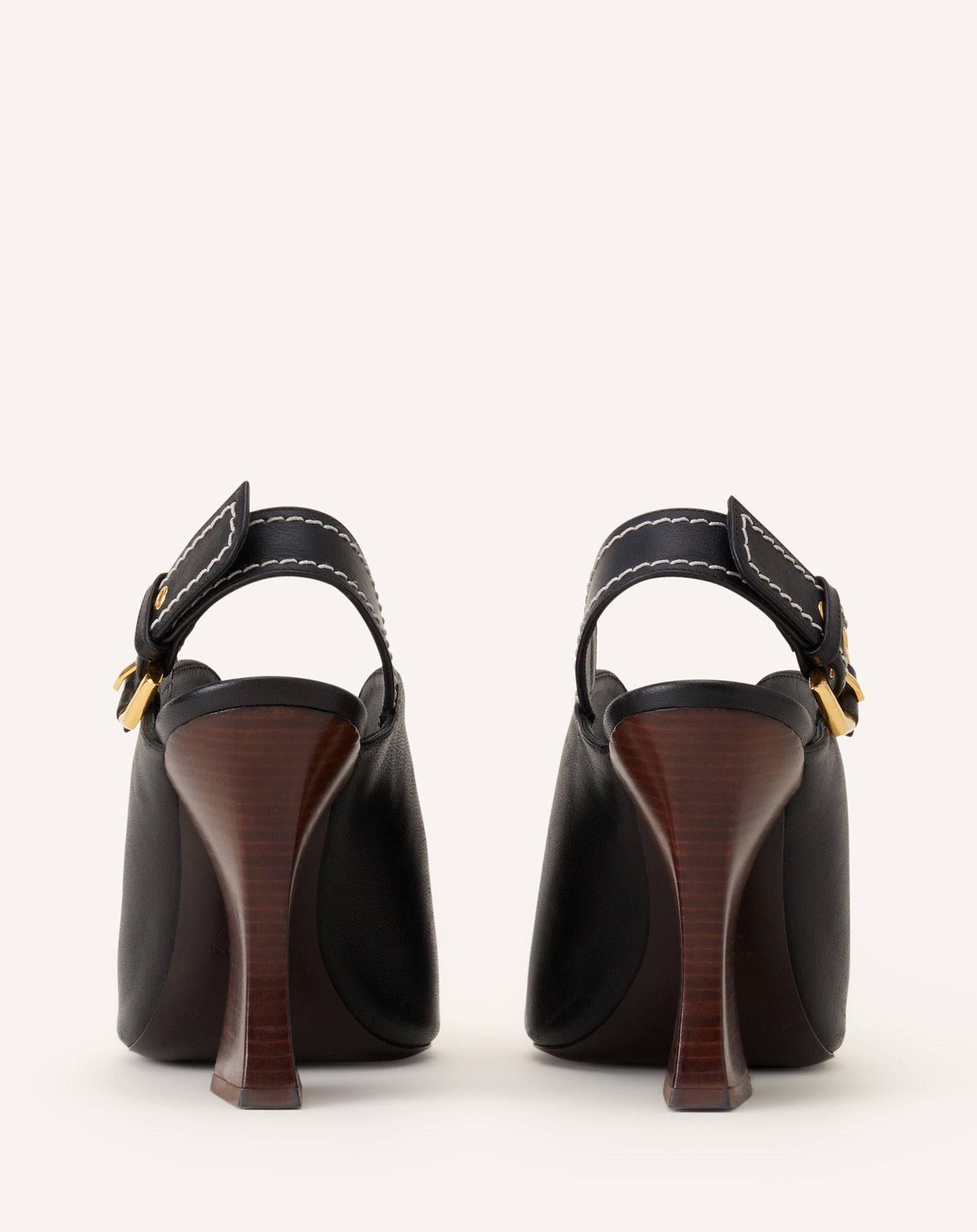 BLACK BUCKLE ARCH HEELED LEATHER MULES