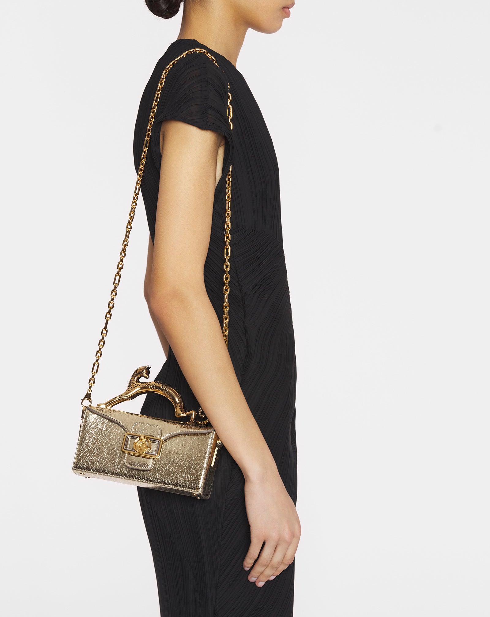 SILVER NANO PENCIL CAT BAG IN CRACKLED METALLIC LEATHER