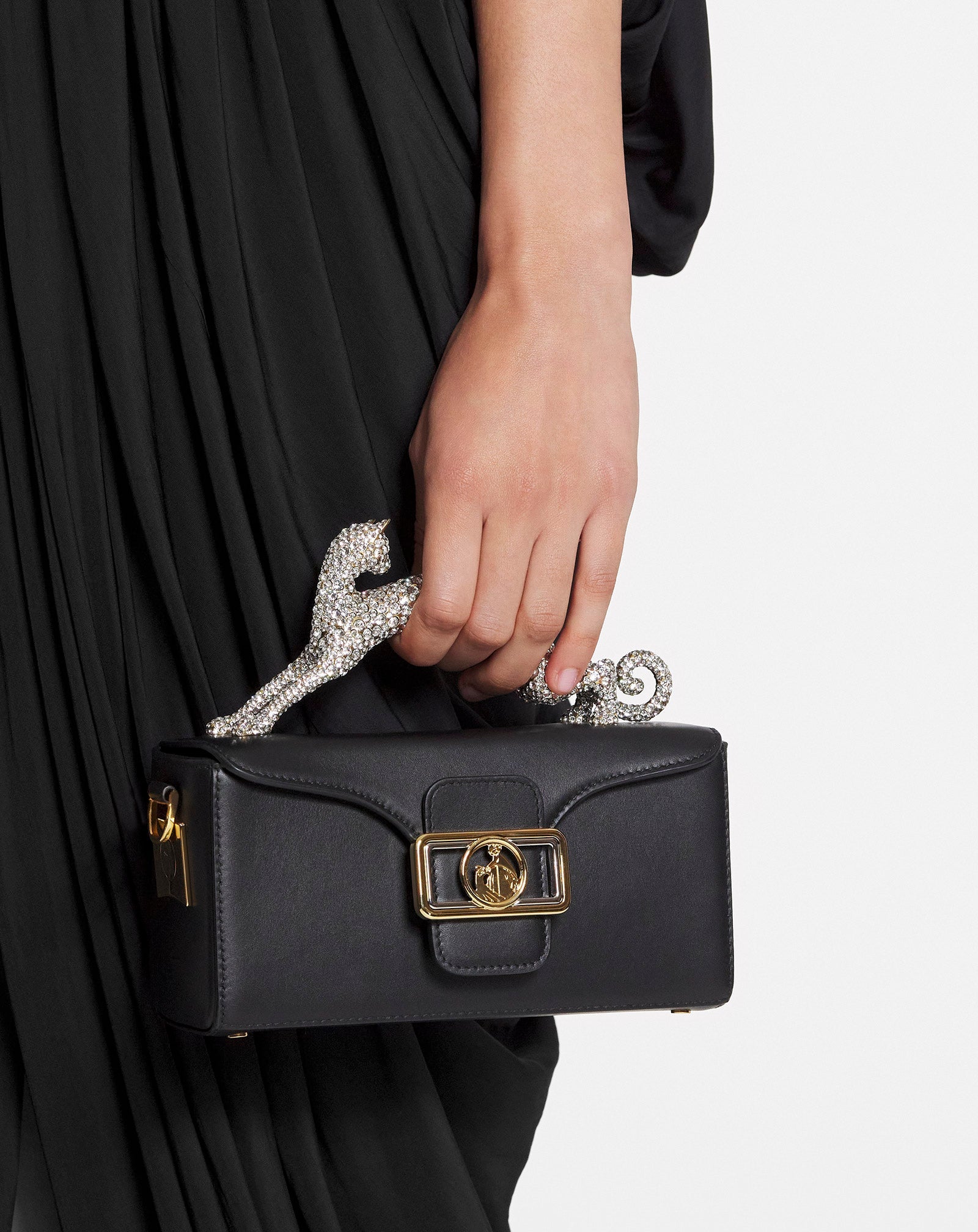 BLACK PENCIL CAT NANO BAG IN LEATHER AND RHINESTONES