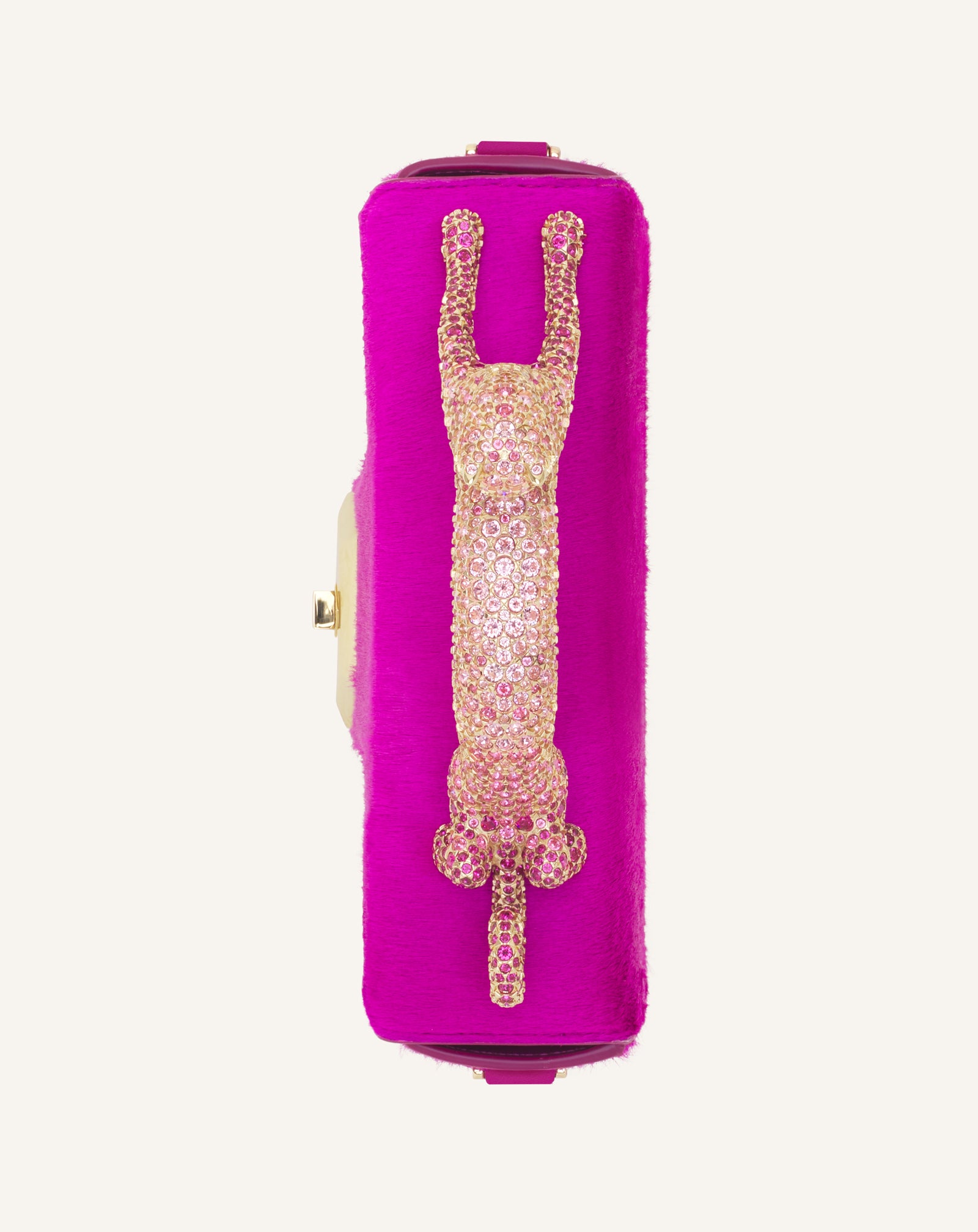 PINK PENCIL CAT NANO BAG IN PONY AND RHINESTONES