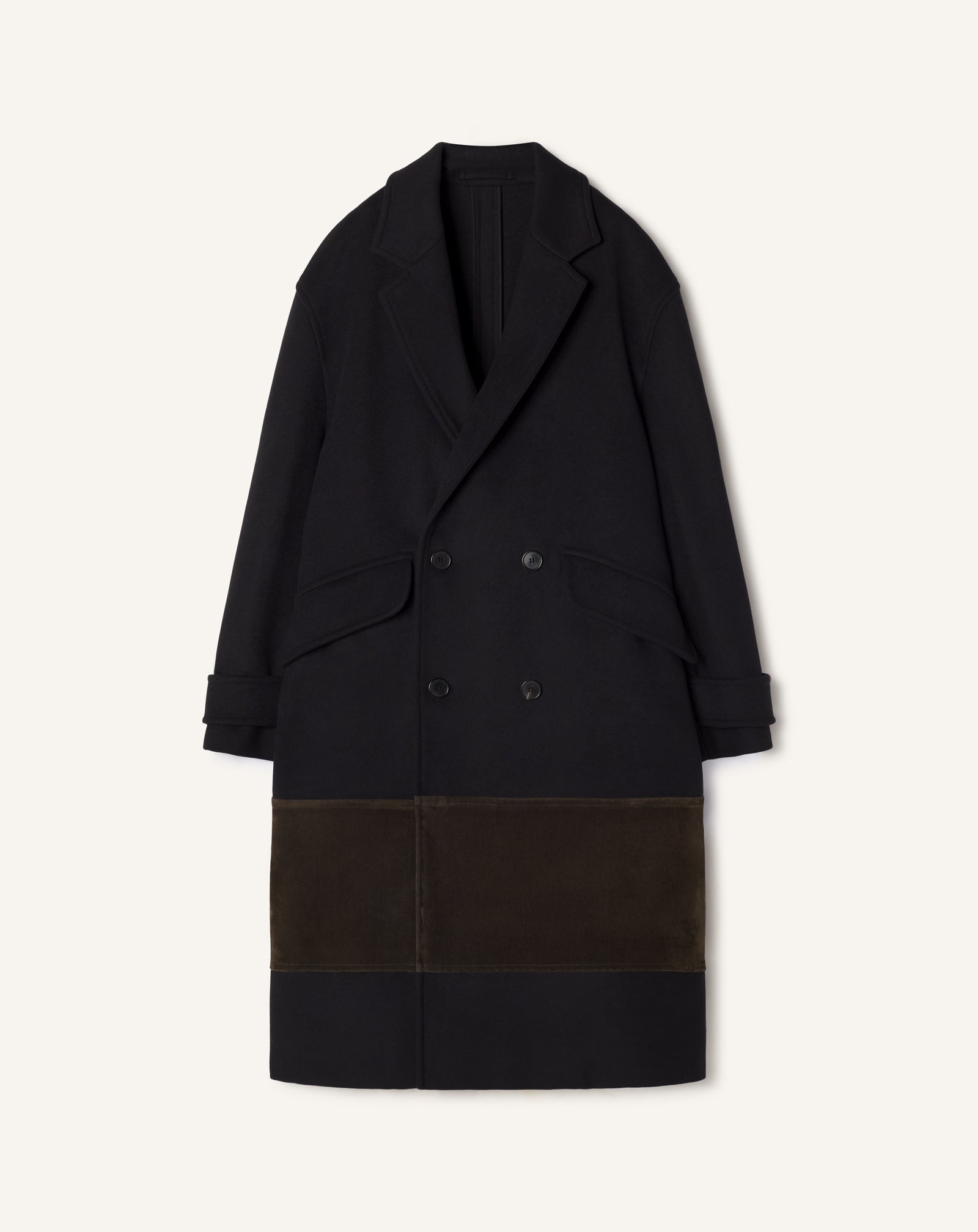 BLACK DOUBLE-BREASTED COAT IN WOOL AND VELVET
