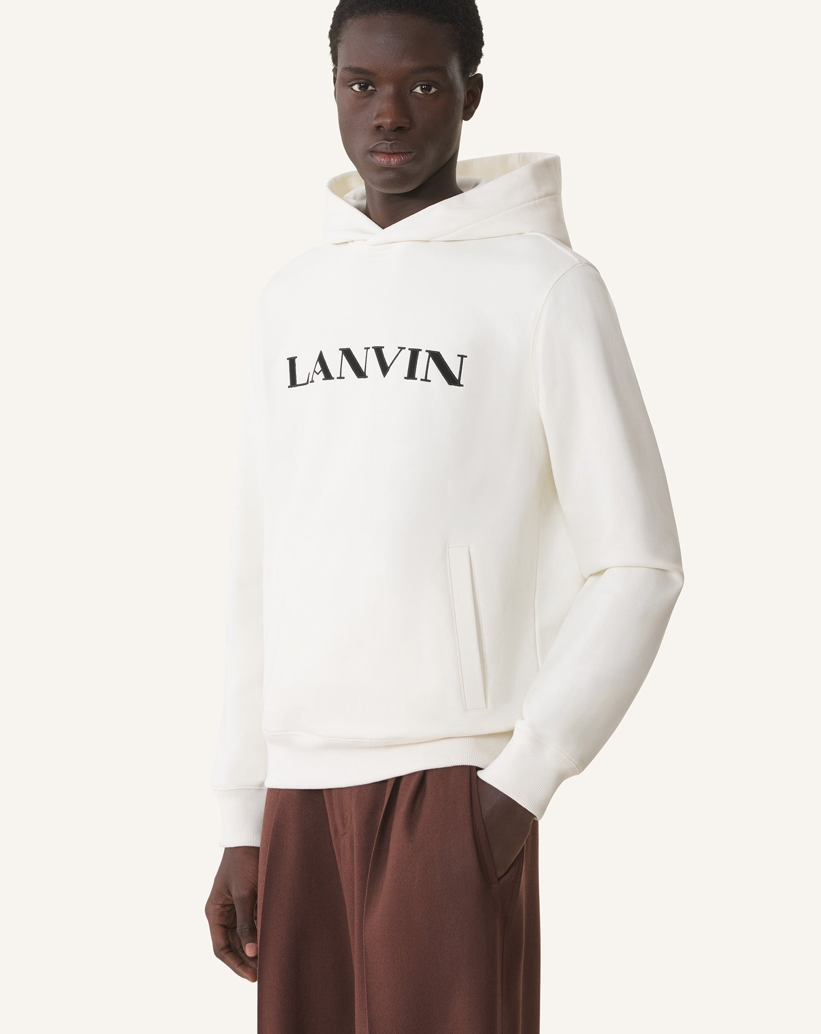 WHITE LANVIN EMBROIDERED COTTON HOODIE