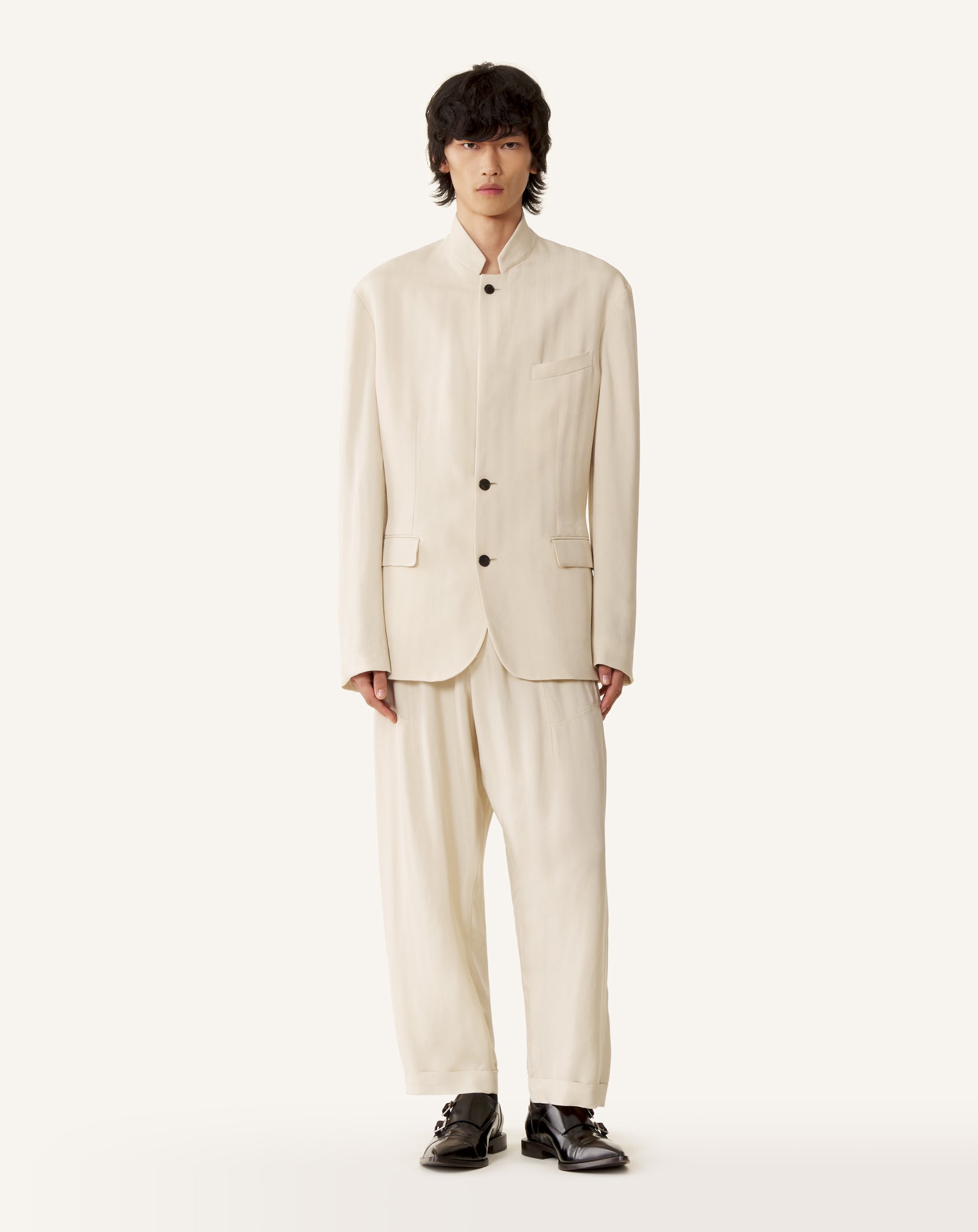 WHITE VISCOSE JACKET WITH STAND-UP COLLAR