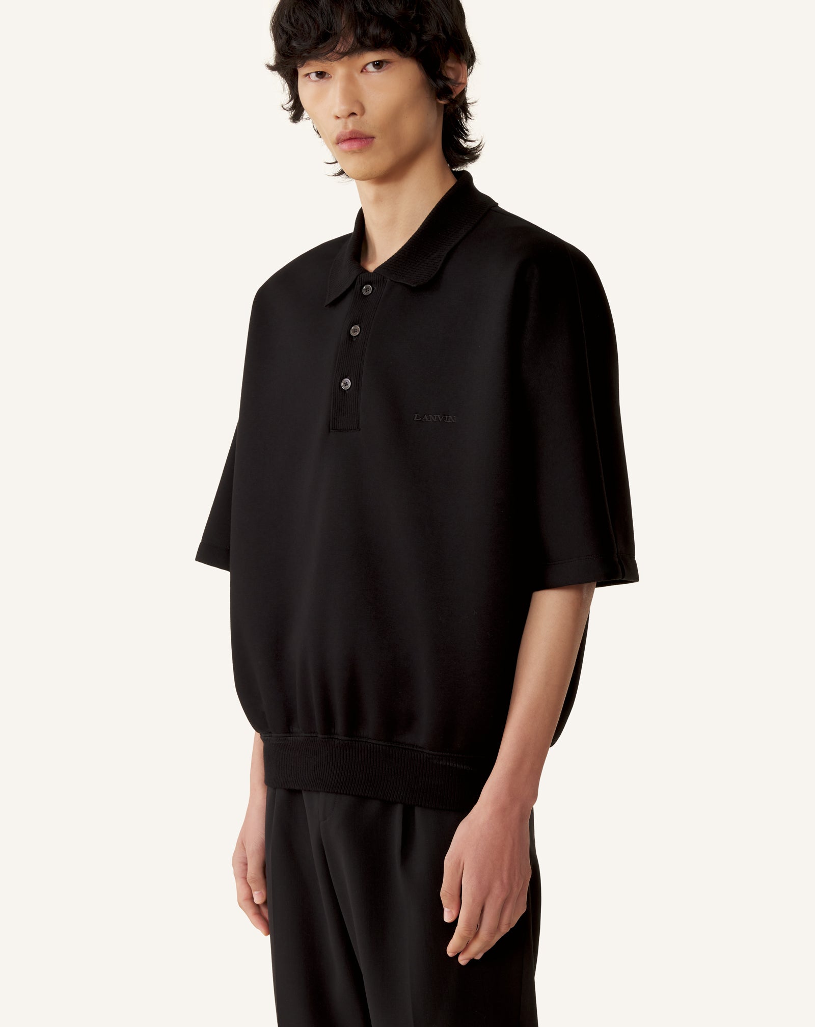 BLACK LOOSE-FIT DOUBLE-FACE JERSEY POLO SHIRT