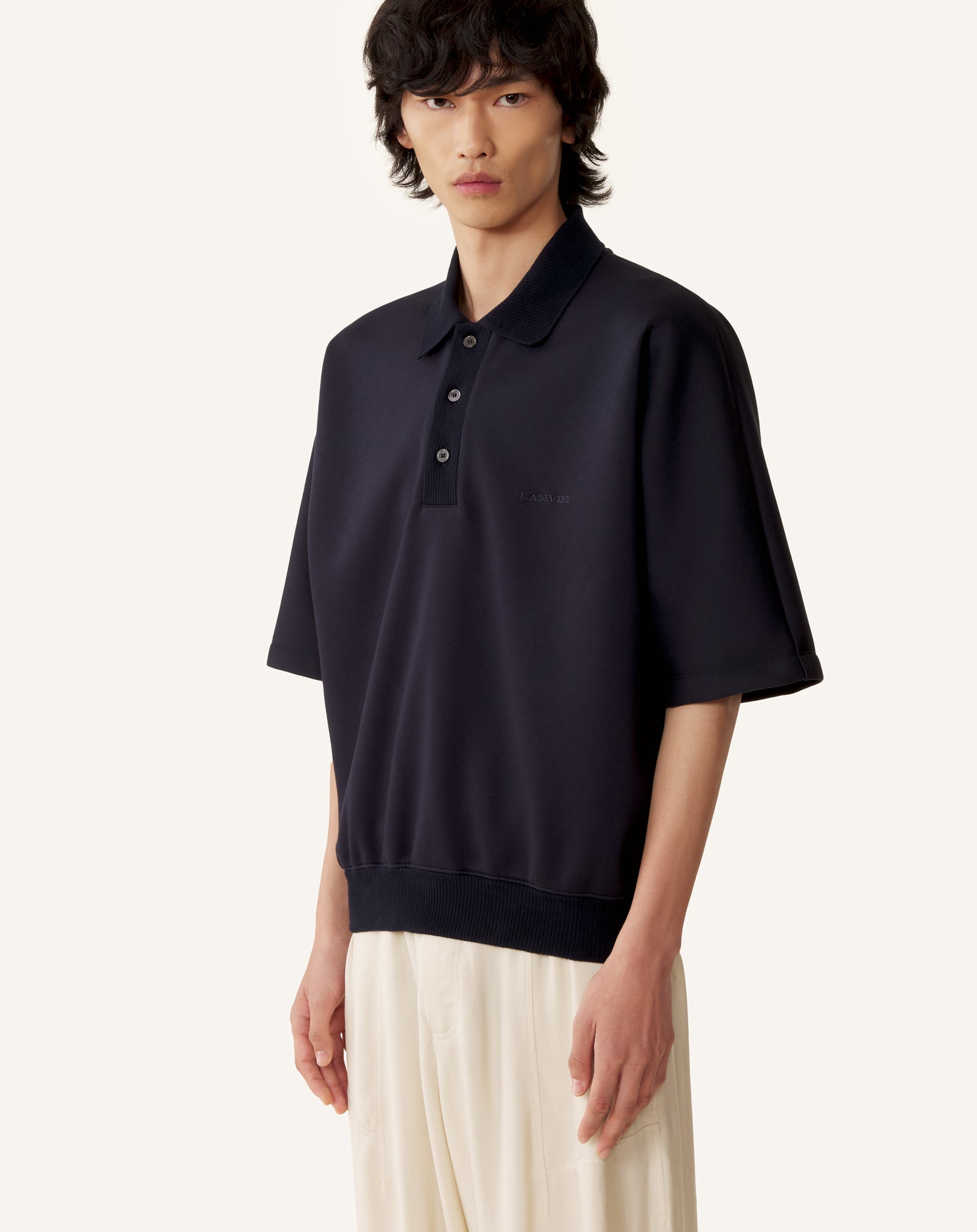 BLUE LOOSE-FIT DOUBLE-FACE JERSEY POLO SHIRT