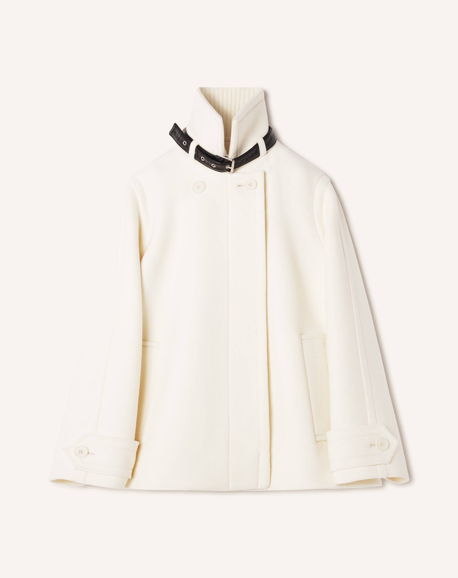 WHITE SHORT WOOL COAT WITH STAND-UP COLLAR