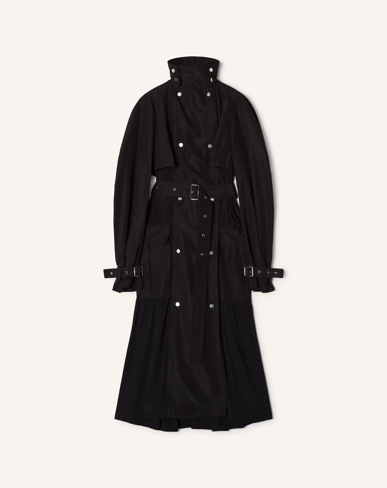 BLACK BI-MATERIAL TRENCH COAT IN SILK FAILLE AND CHARMEUSE FABRIC