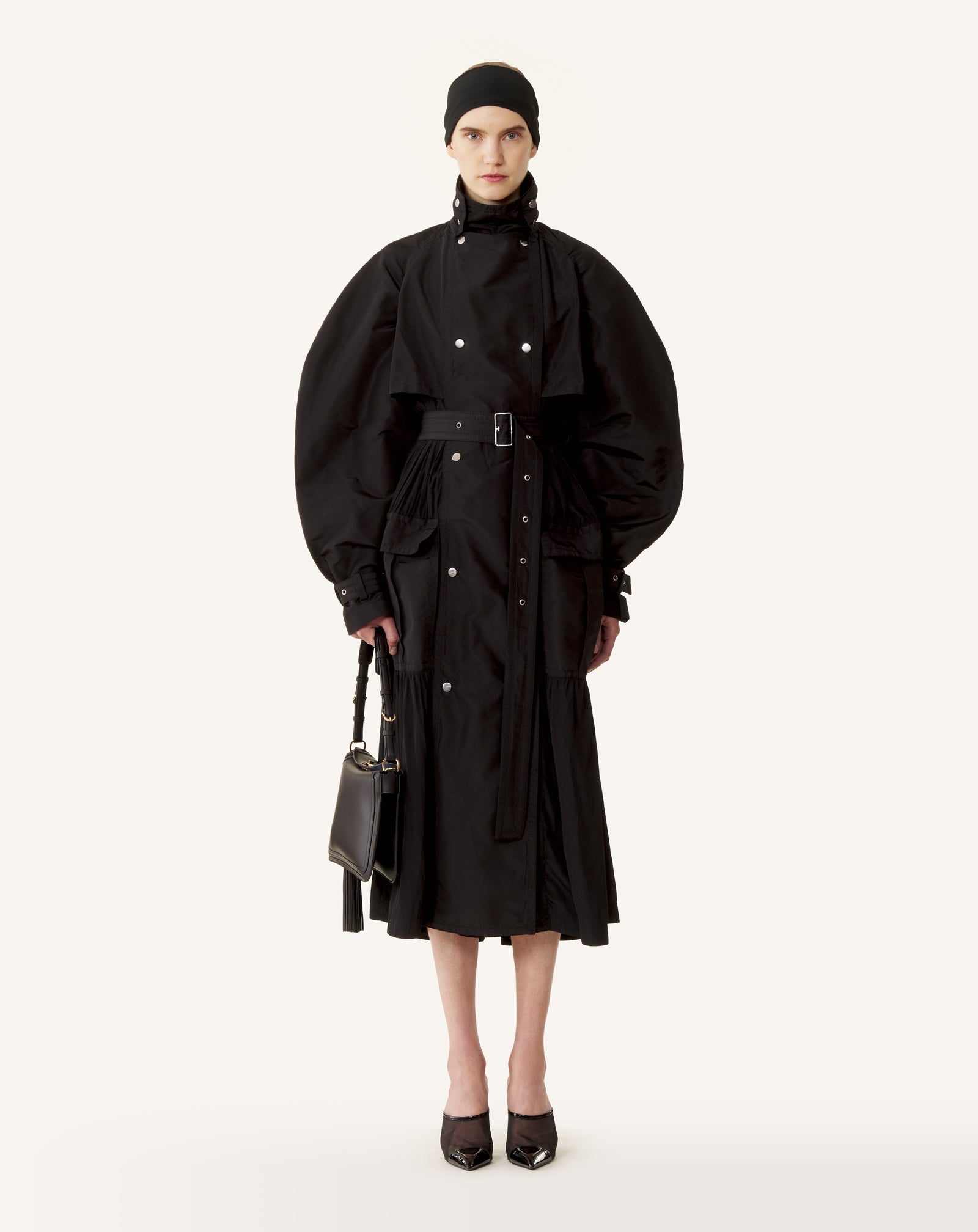BLACK BI-MATERIAL TRENCH COAT IN SILK FAILLE AND CHARMEUSE FABRIC