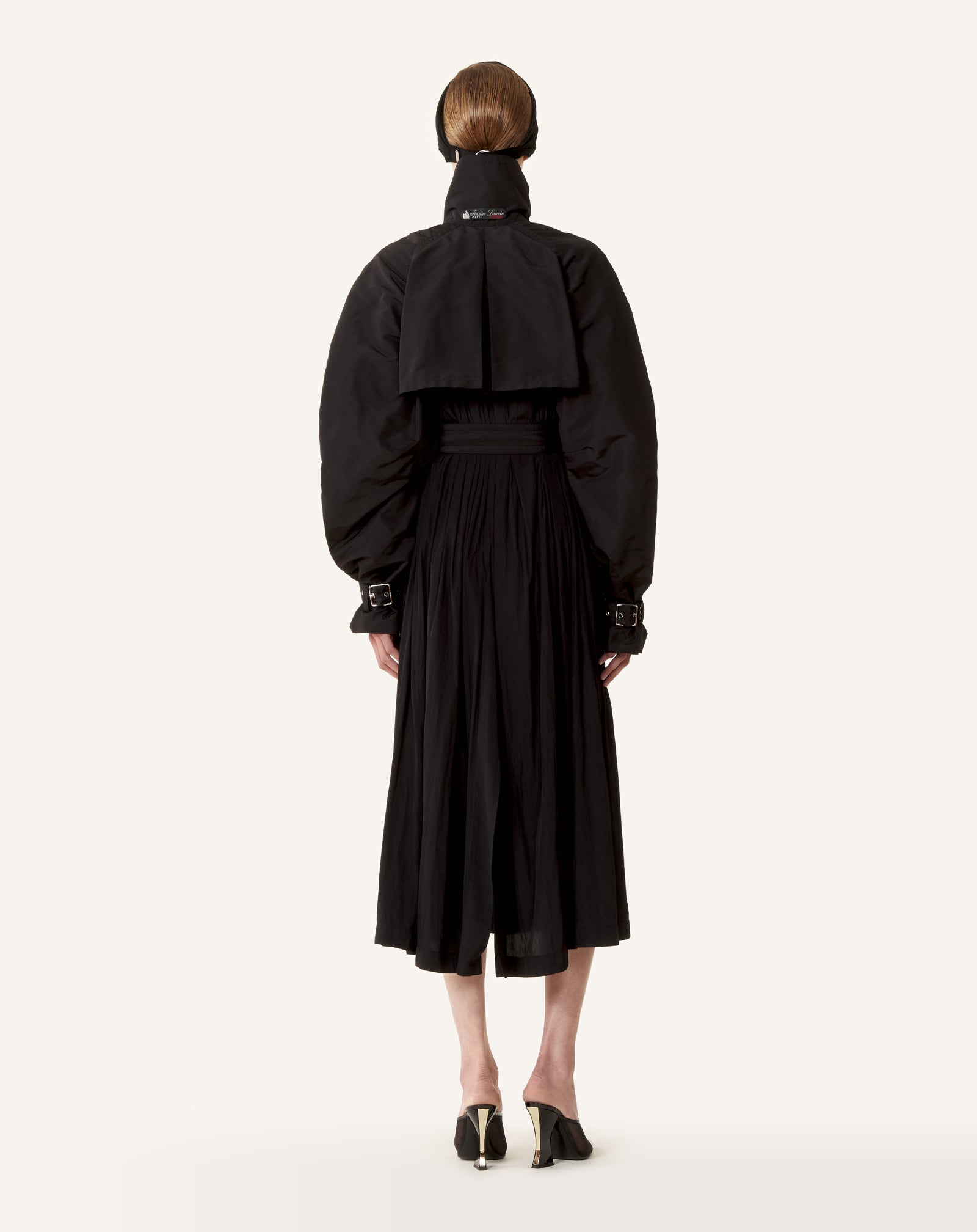 BLACK BI-MATERIAL TRENCH COAT IN SILK FAILLE AND CHARMEUSE FABRIC