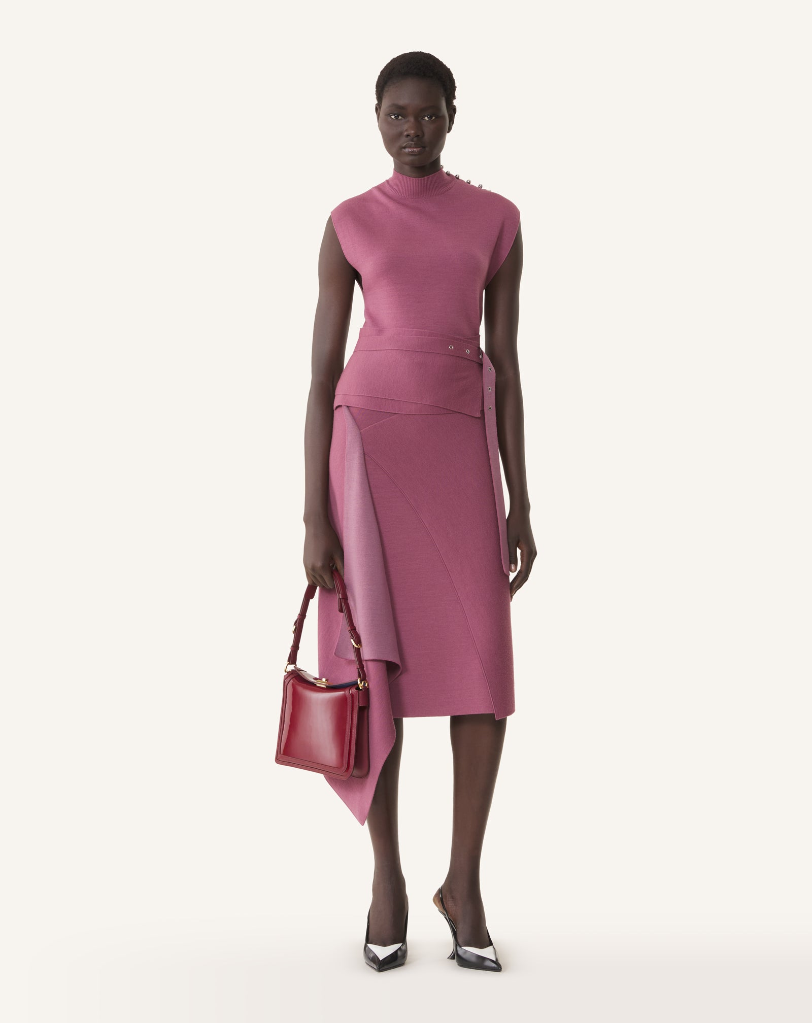 PINK DRAPED HIGH COLLAR DRESS IN WOOL