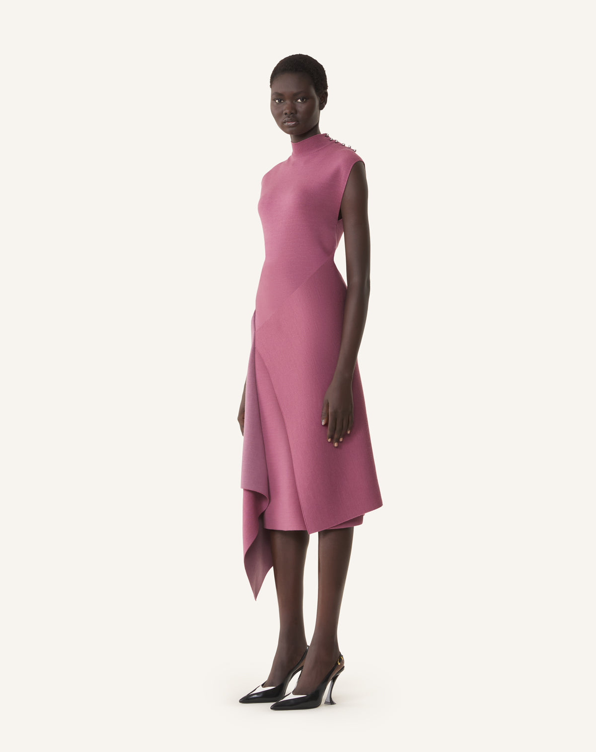 PINK DRAPED HIGH COLLAR DRESS IN WOOL
