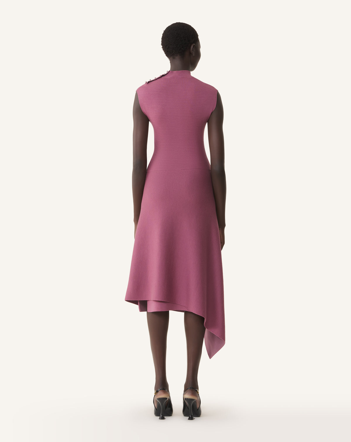PINK DRAPED HIGH COLLAR DRESS IN WOOL