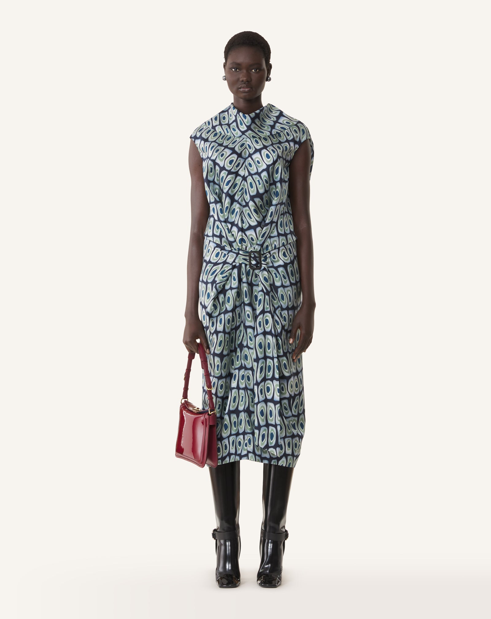 GREEN PRINTED CAPE DRESS IN SILK