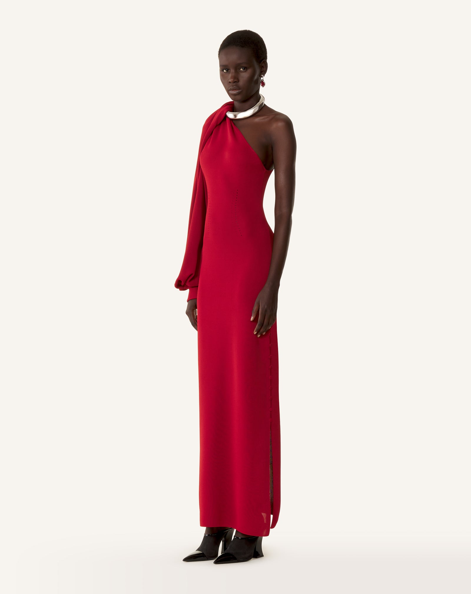RED ASYMMETRICAL CHOKER DRESS IN VISCOSE