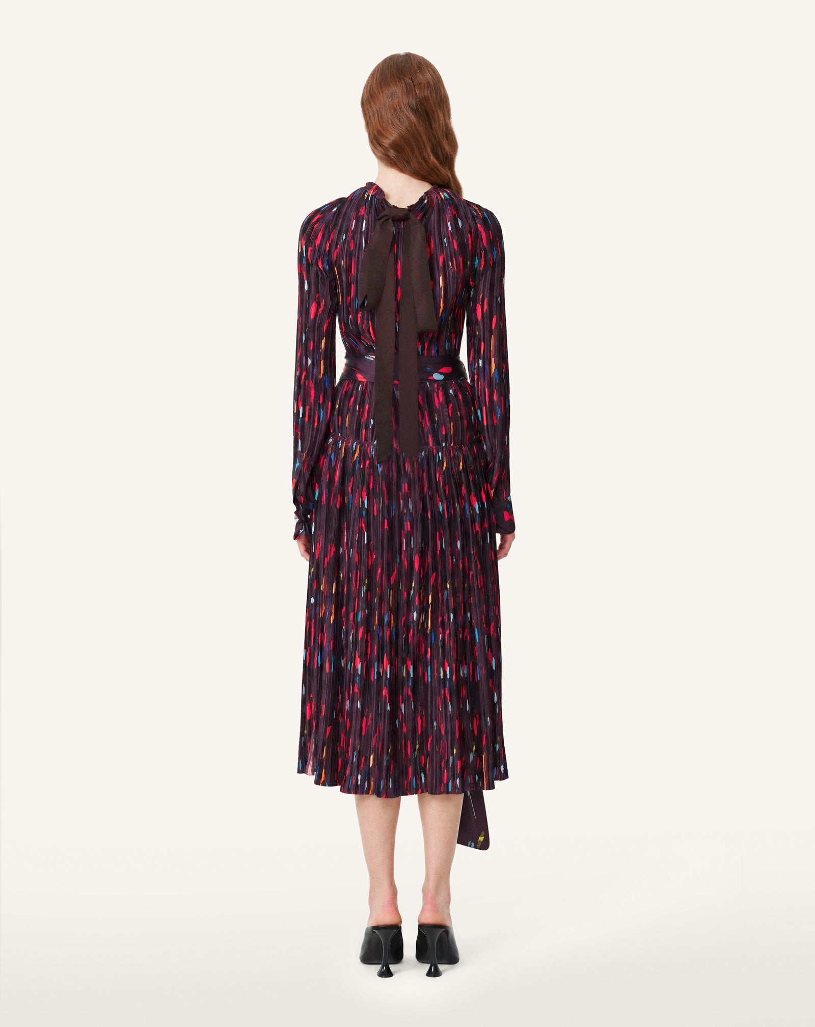 RED PRINTED PLEATED CHARMEUSE DRESS