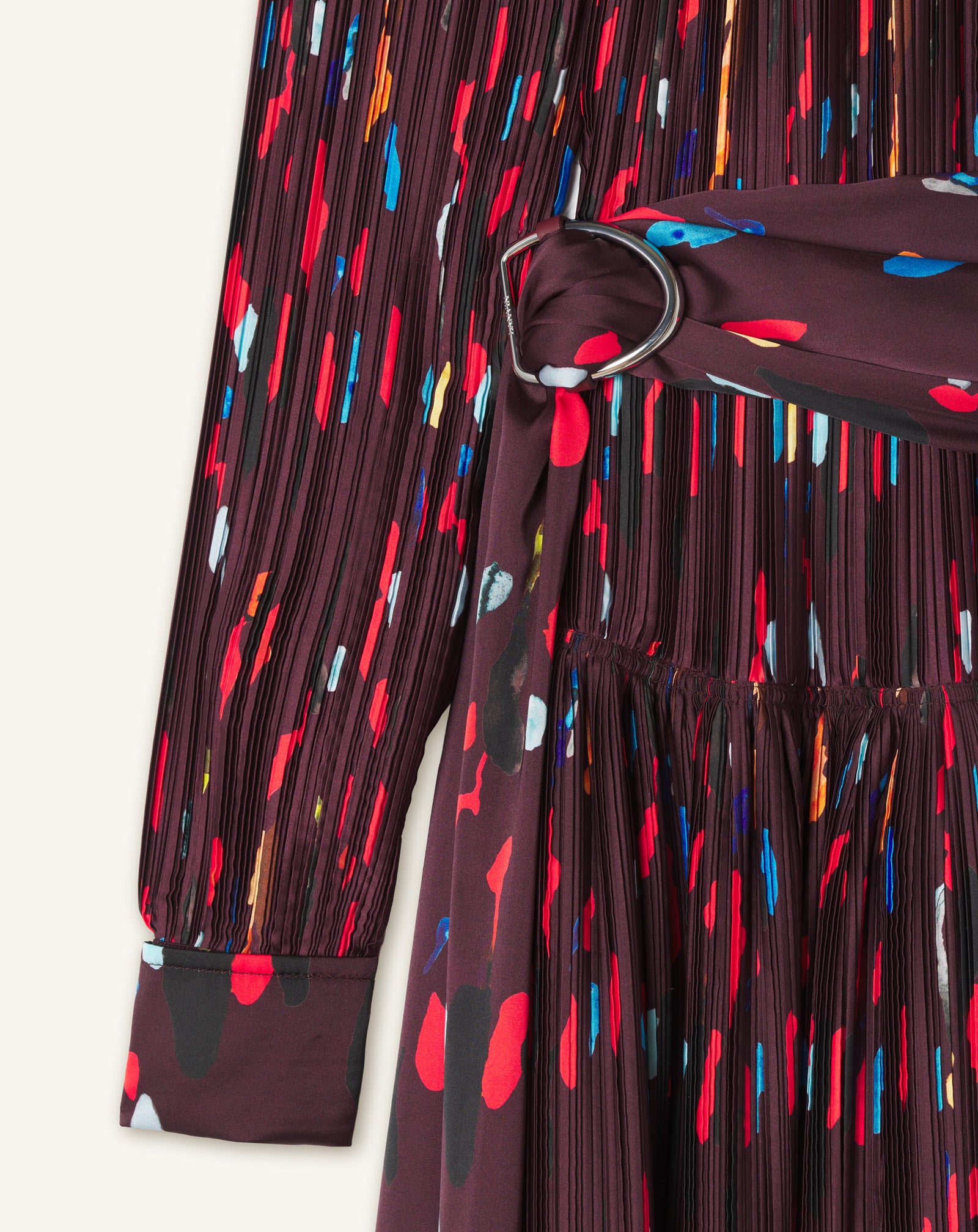 RED PRINTED PLEATED CHARMEUSE DRESS