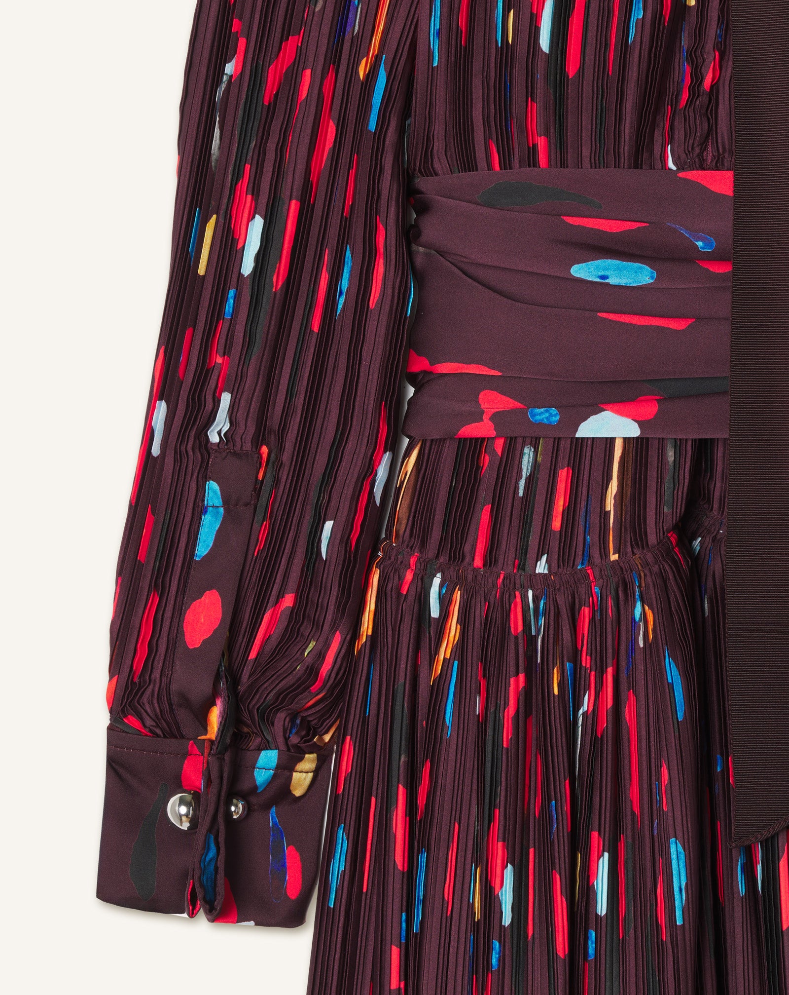 RED PRINTED PLEATED CHARMEUSE DRESS