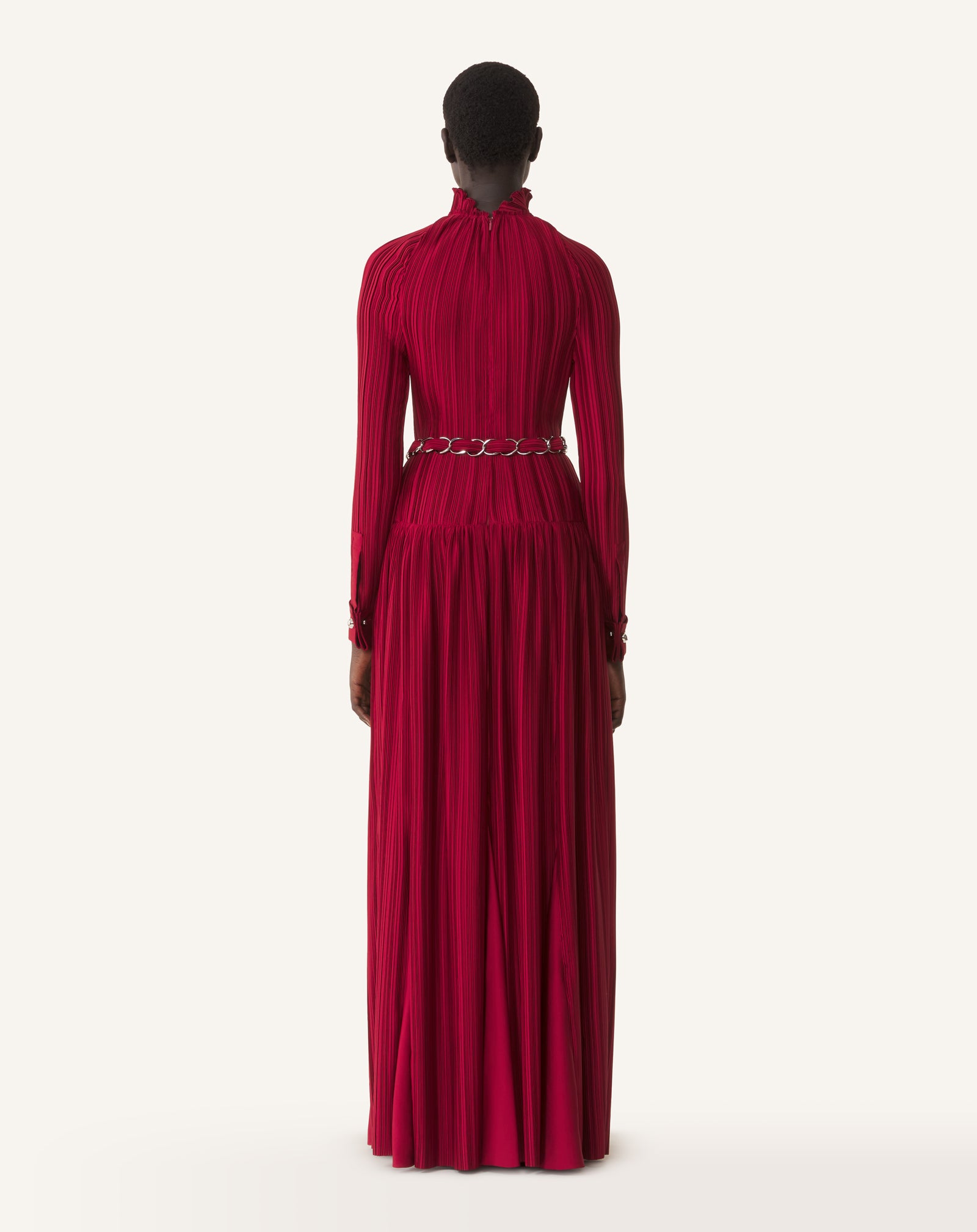RED LONG PLEATED CHARMEUSE DRESS