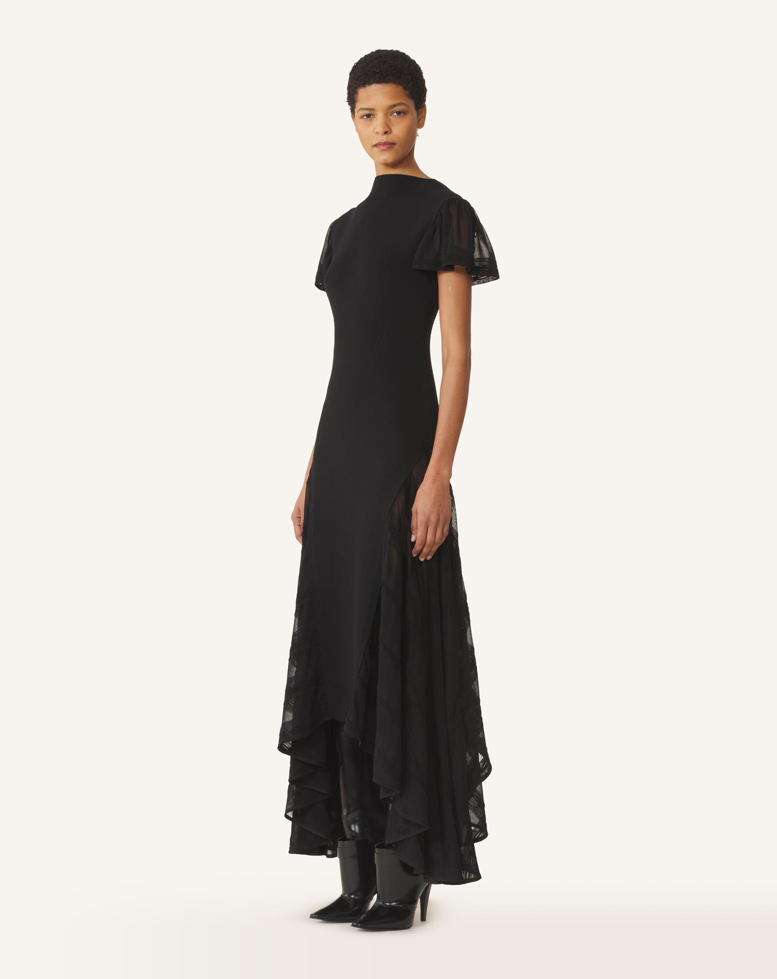 BLACK GODET-FLARE DRESS IN SILK AND COTTON