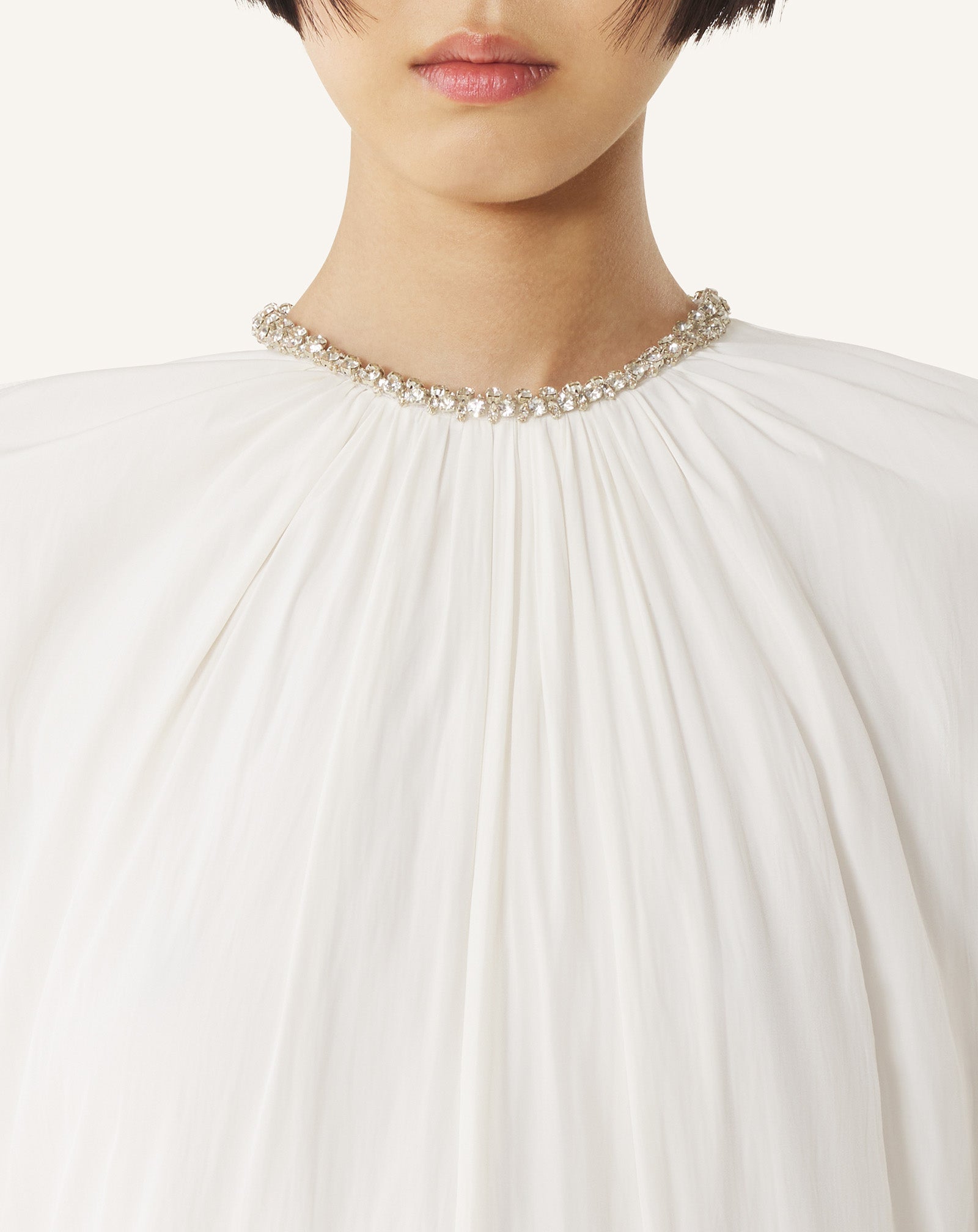 WHITE EMBROIDERED DRESS IN CHARMEUSE