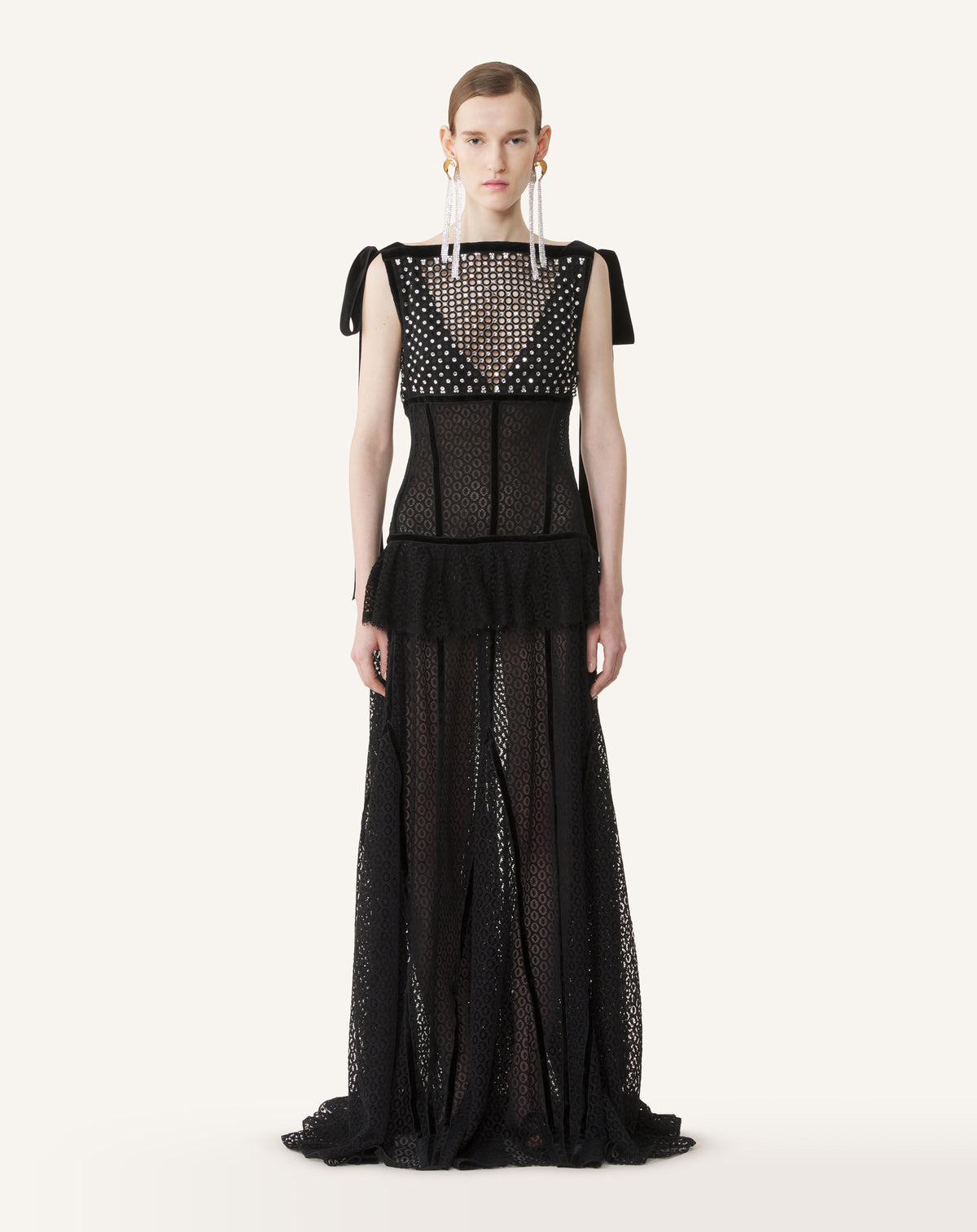 BLACK EMBROIDERED LACE HALTER DRESS