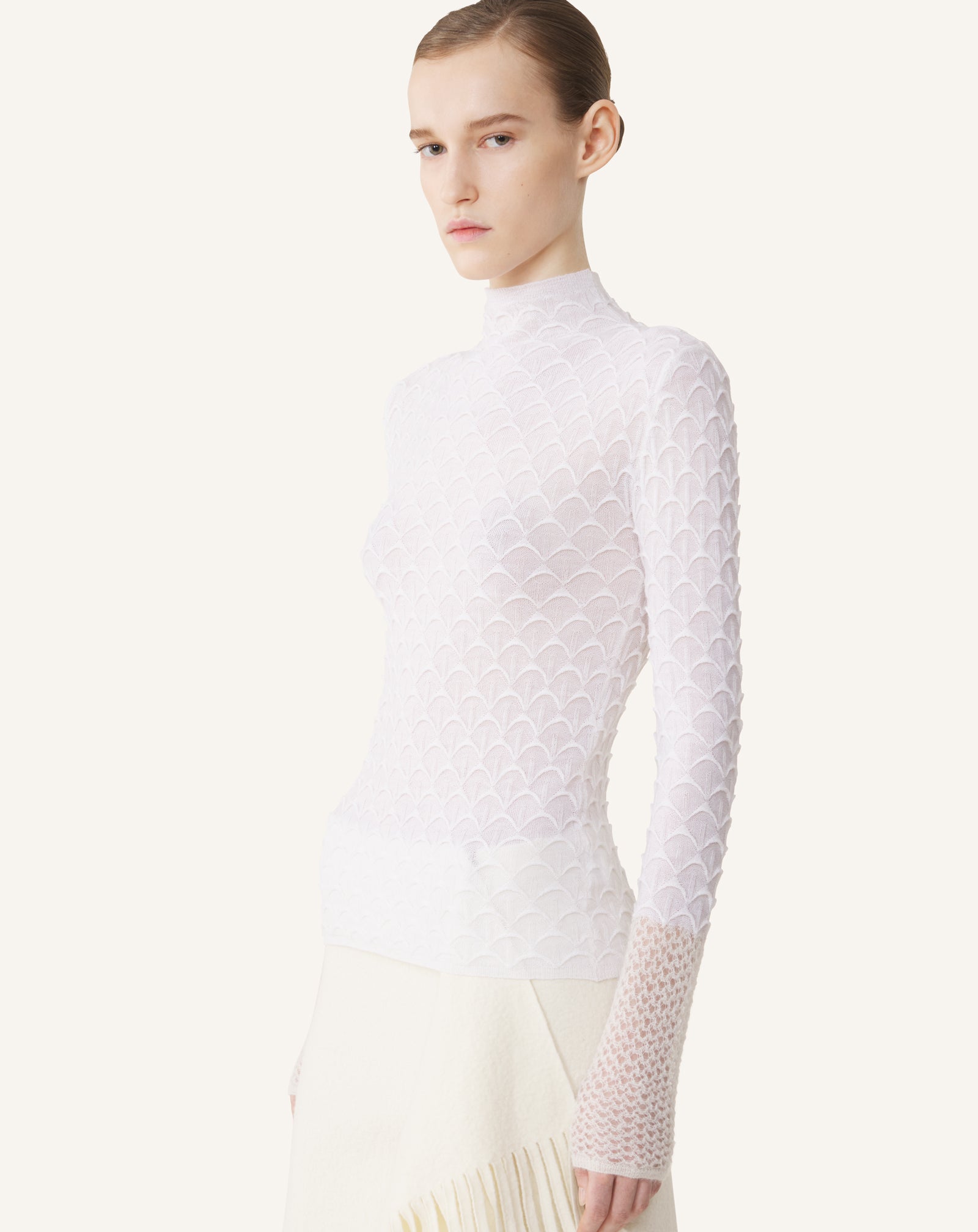 WHITE  HIGH-NECK TOP IN WOOL AND MOHAIR