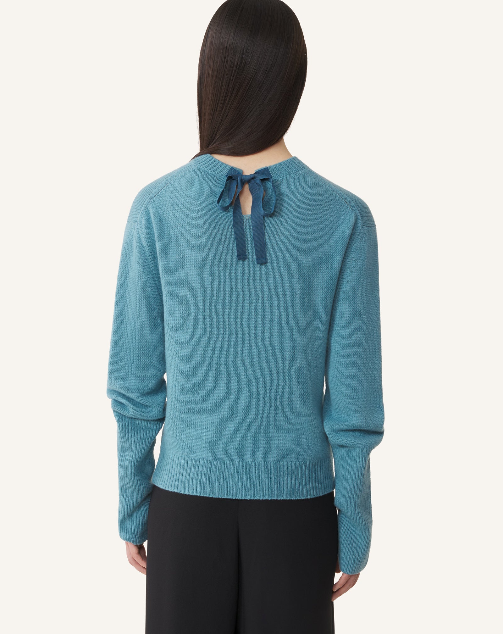 BLUE CASHMERE SWEATER WITH GROSGRAIN DETAIL