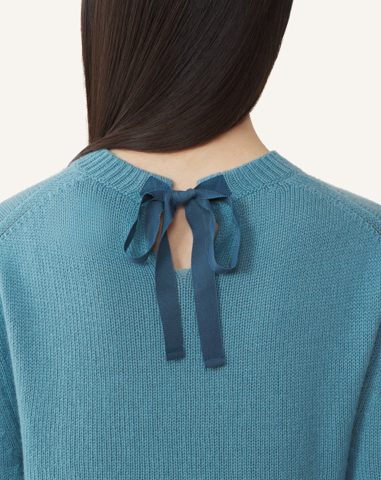 BLUE CASHMERE SWEATER WITH GROSGRAIN DETAIL