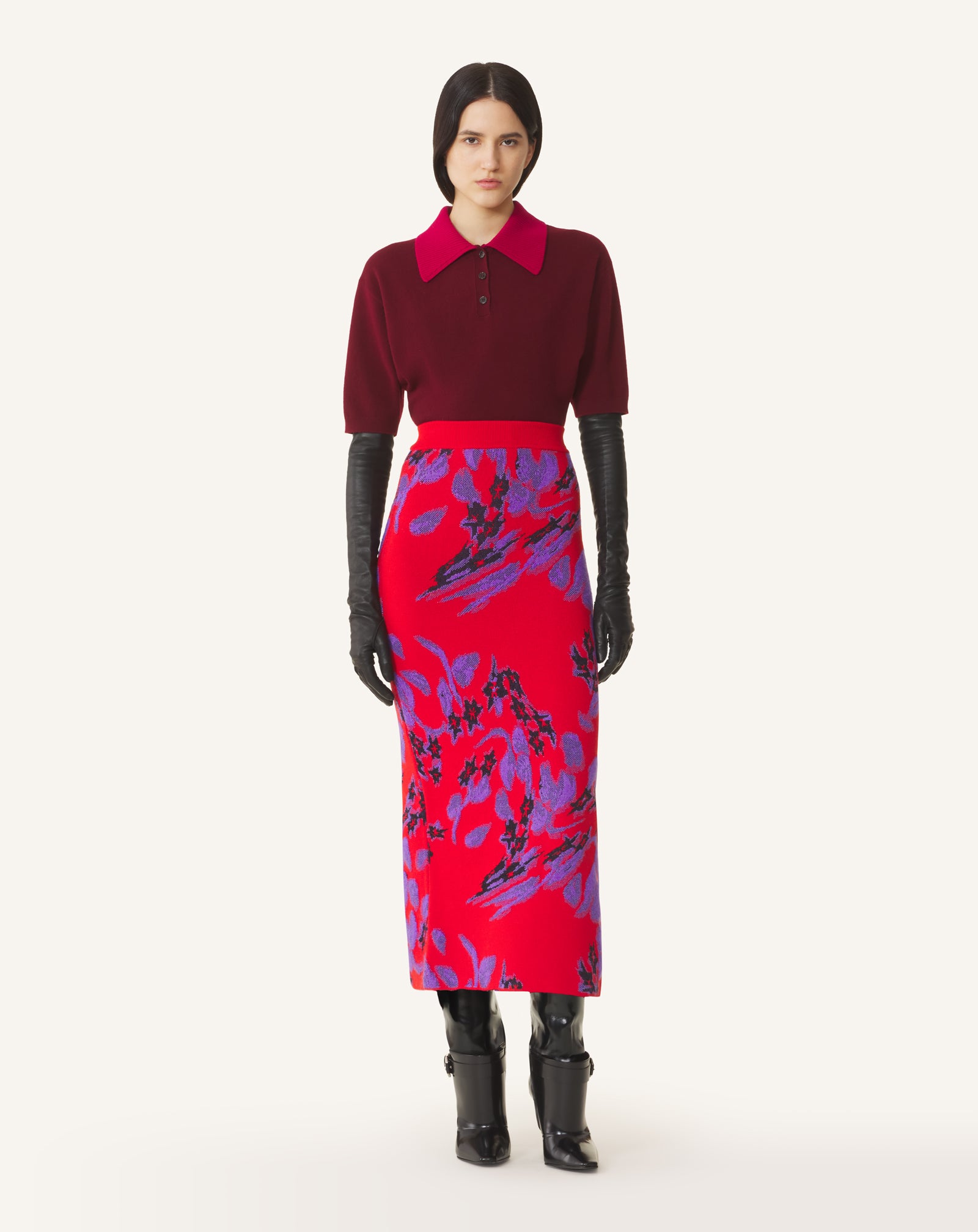 RED JACQUARD MIDI SKIRT