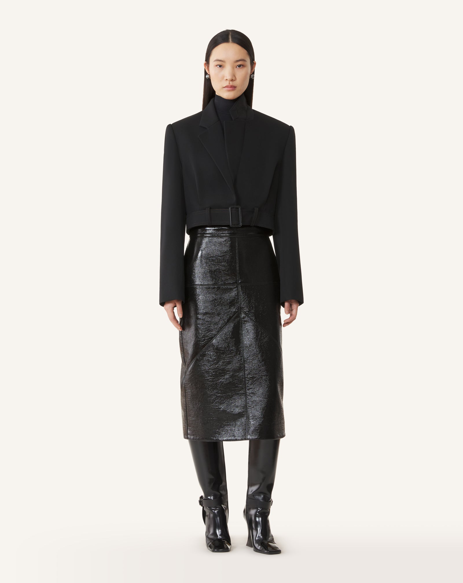 BLACK VINYL STRAIGHT SKIRT WITH CUT-OUTS