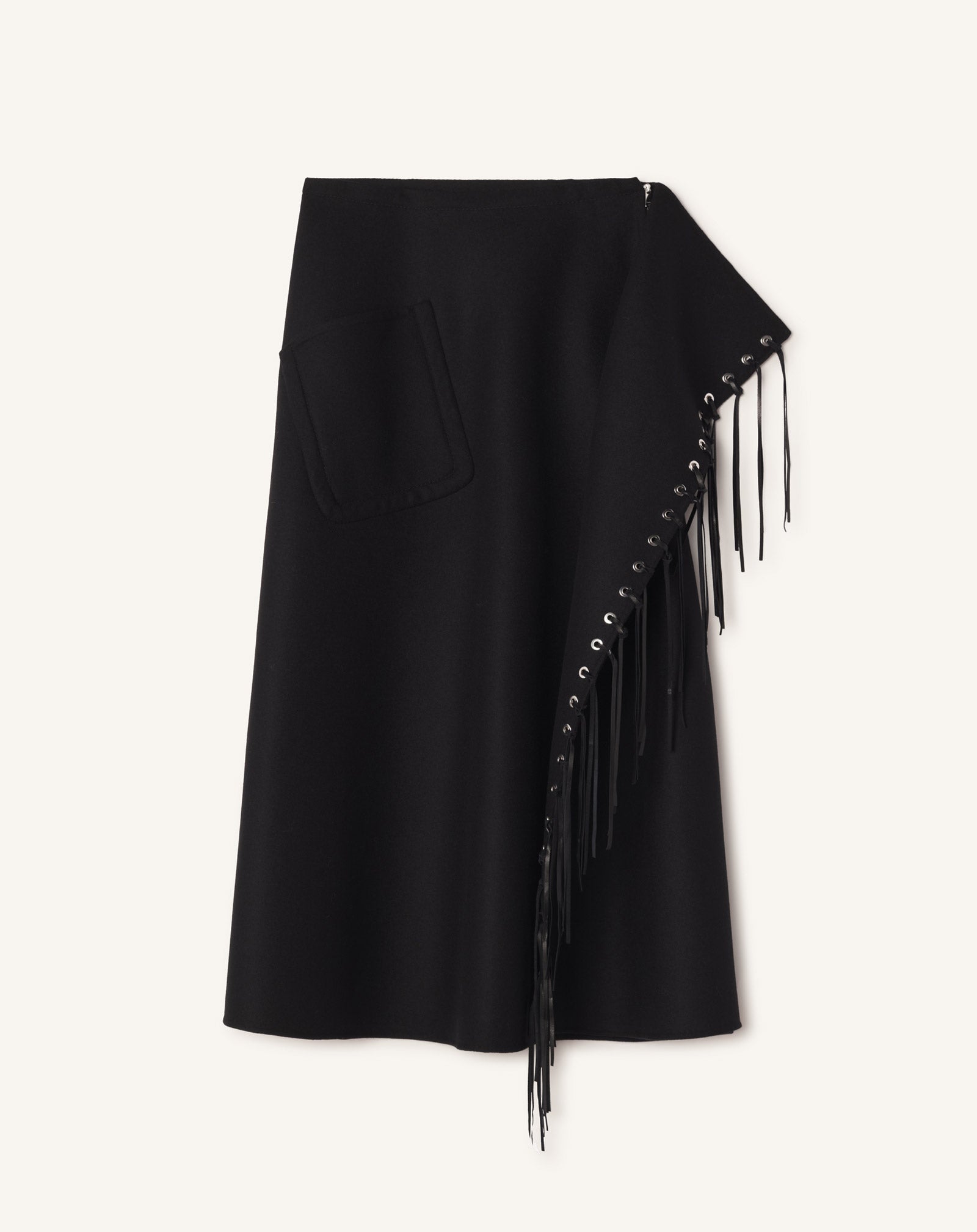 BLACK FRINGED SKIRT IN DOUBLE-FACED CASHMERE WOOL