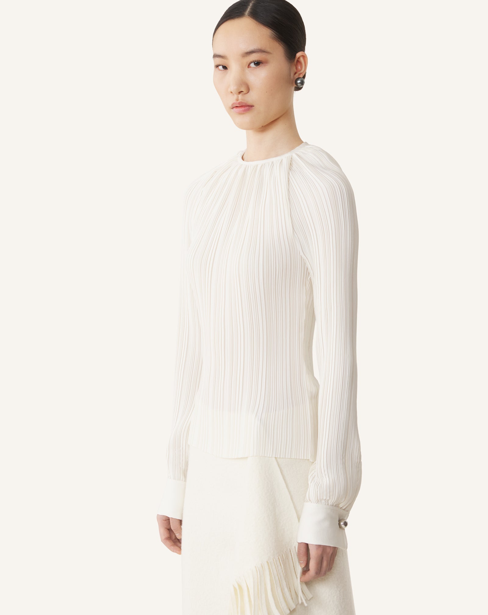 WHITE PLEATED CHARMEUSE TOP