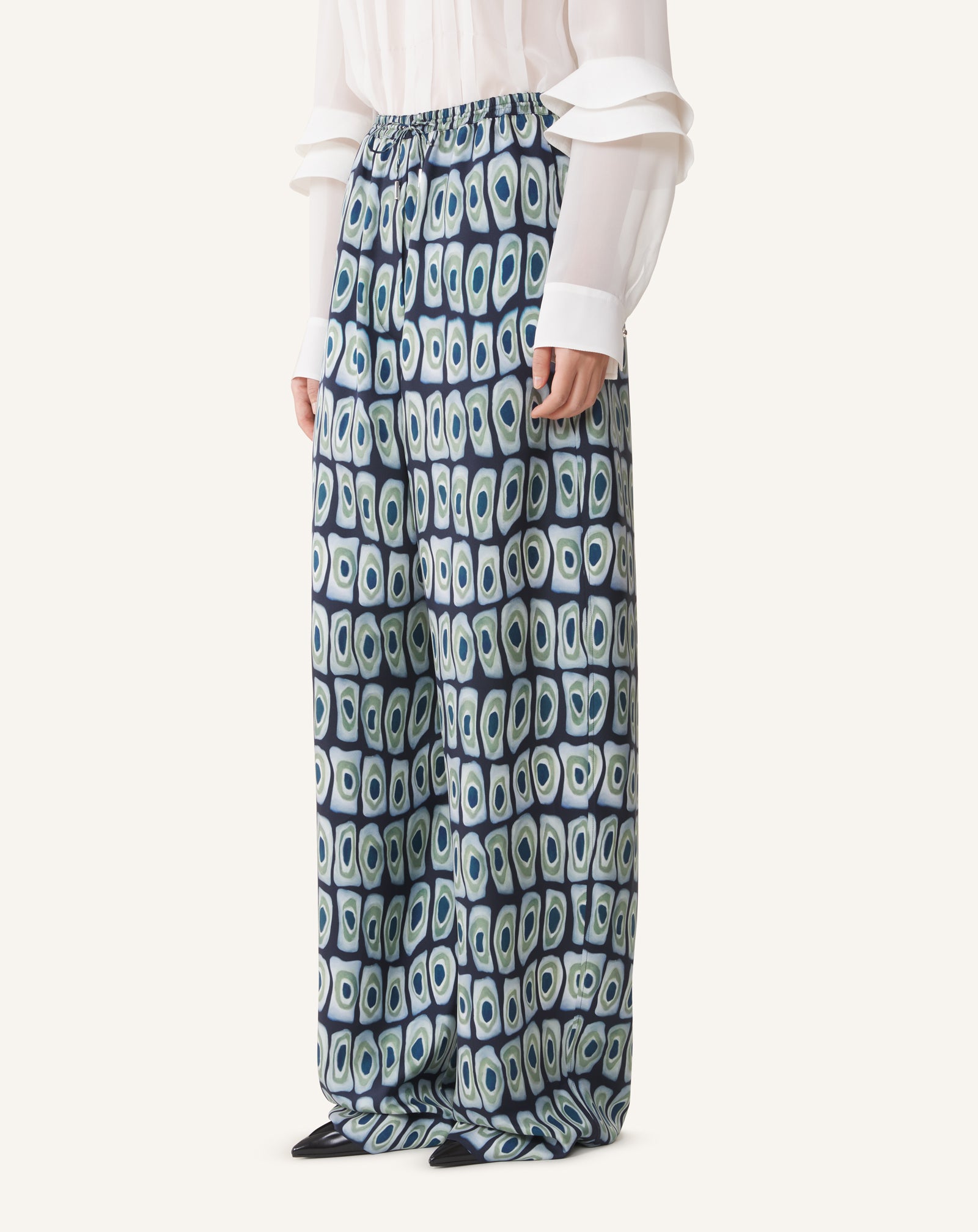 GREEN PRINTED WIDE-LEG SILK PANTS