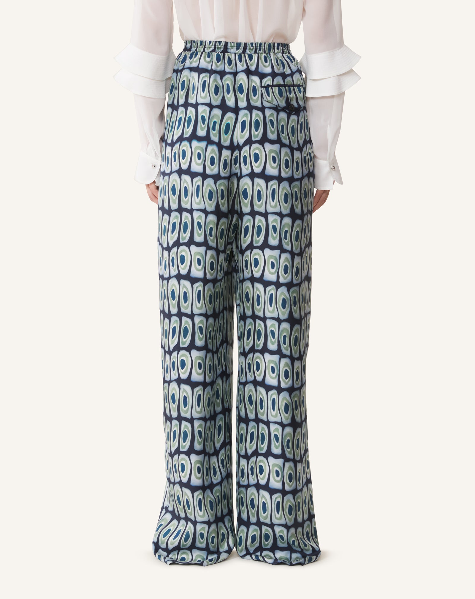 GREEN PRINTED WIDE-LEG SILK PANTS