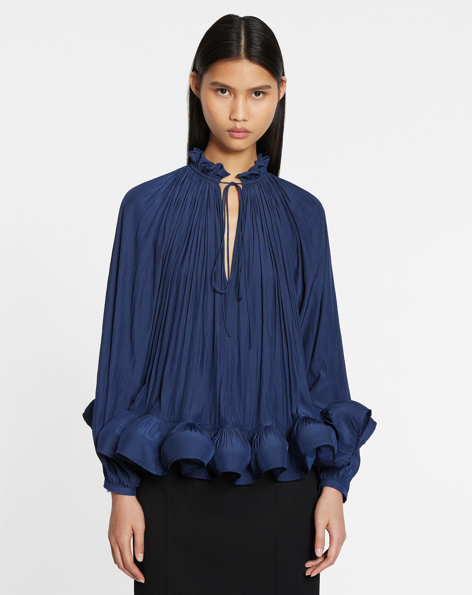 LONG-SLEEVE CHARMEUSE BLOUSE, INK BLUE